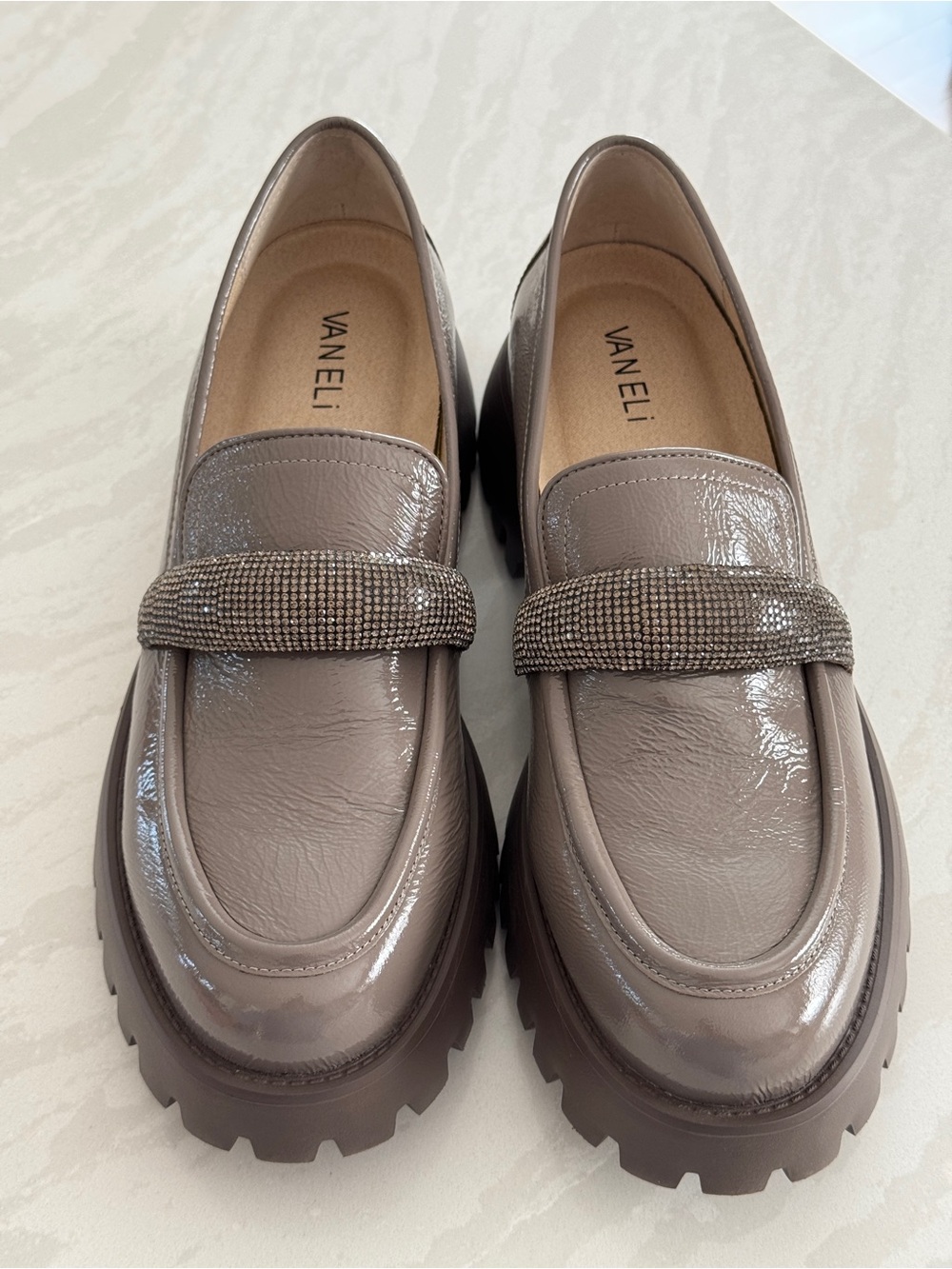 Vaneli Zaya Platform Taupe Patent Loafers with Crystal-Embellished Strap